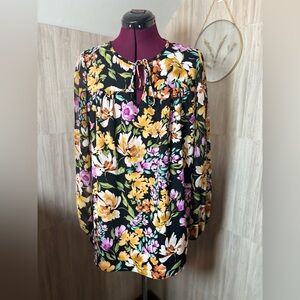 First Love Black Floral Tie-Neck Long Sleeve Tunic